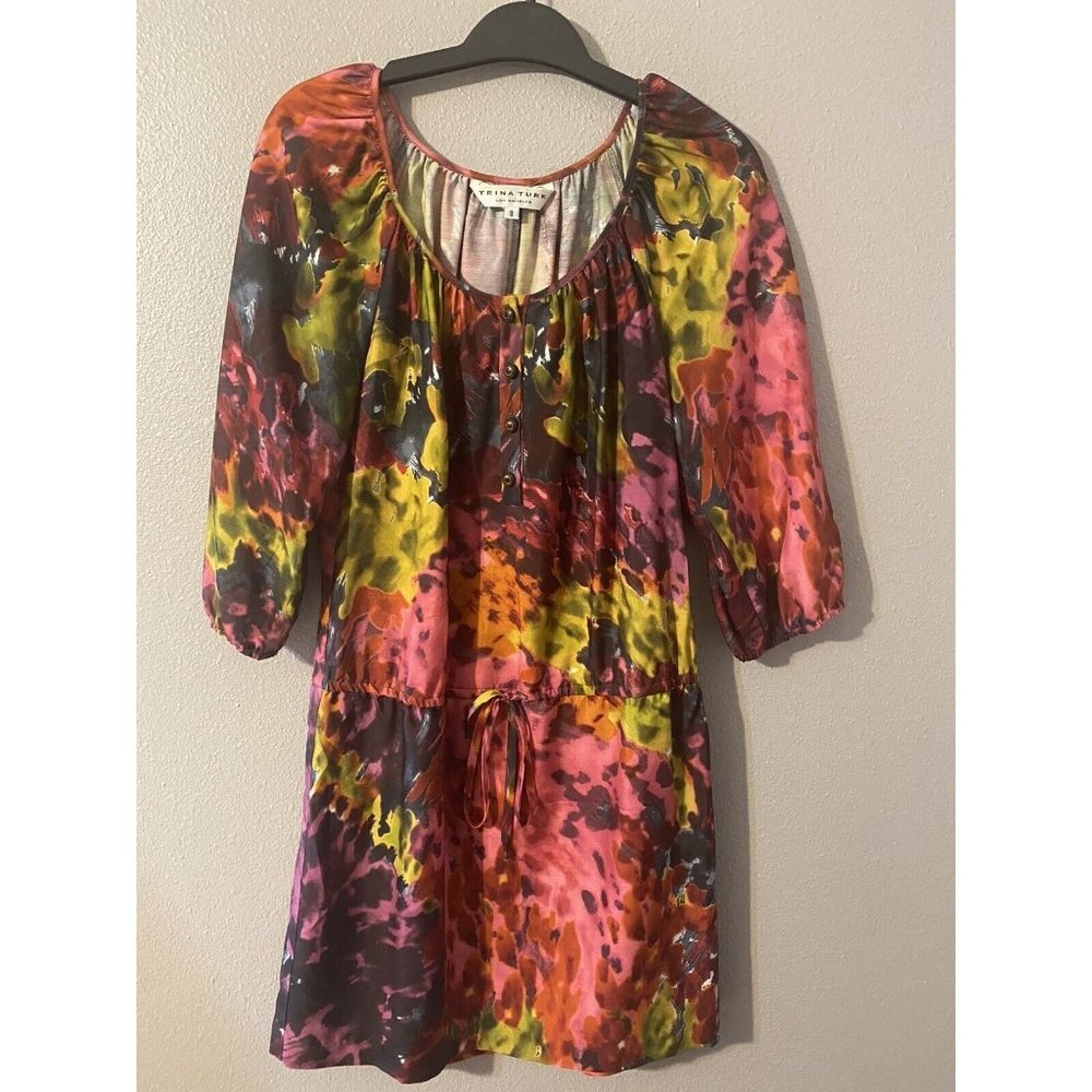 Trina Turk Silk Mulicolor Dropped Waist 3/4 Long Sleeve Dress 8 Medium - Picture 6 of 9